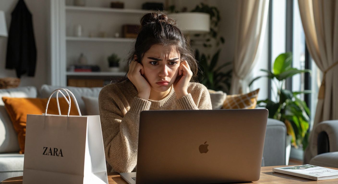 A frustrated young woman in a modern Turkish home sits at a laptop with a Zara shopping bag beside her, her brows furrowed as she stares at the screen with determination.