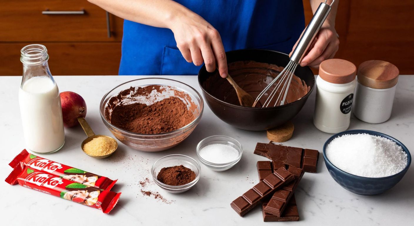 A Turkish kitchen countertop scattered with ingredients like milk, cocoa powder, sugar, and KitKat bars, with a mixing bowl and a whisk nearby, as someone’s hands prepare a creamy chocolate mixture for homemade ice cream.