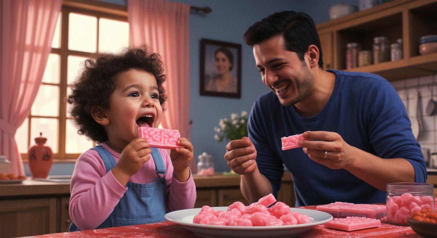 A young child in a Turkish home nervously holding a piece of pink chewing gum near their mouth, while a smiling adult in the background gestures reassuringly toward a simple digestive system illustration (without labels) showing the gum moving through the stomach and intestines.