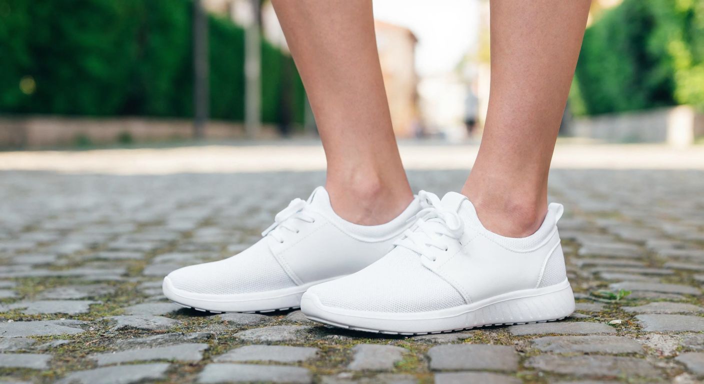 A pair of sleek, lightweight white sneakers with a flexible sole and breathable mesh fabric, resting on a cobblestone path in Istanbul, with a person’s relaxed feet stepping forward confidently.