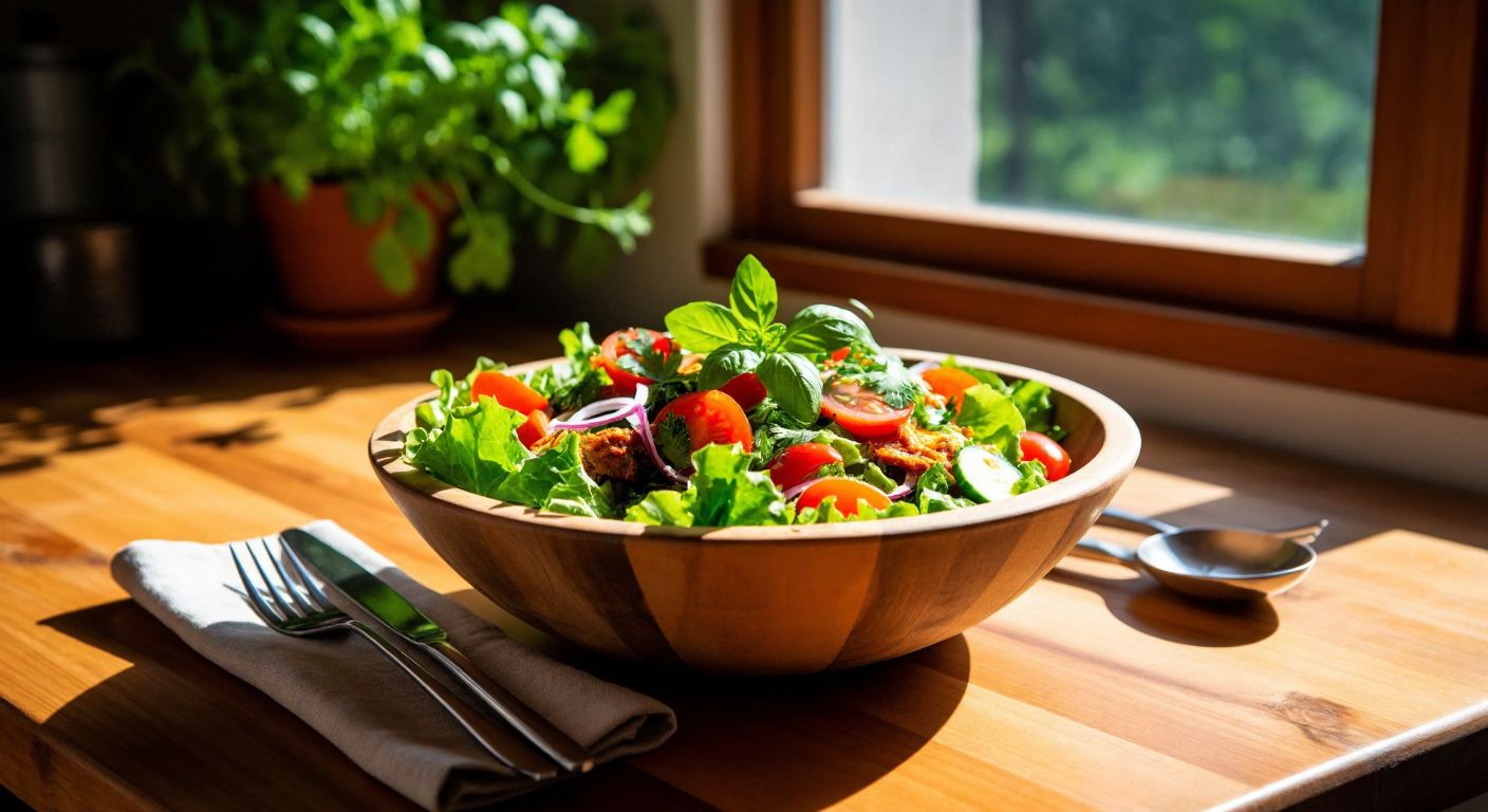 A rustic wooden salad bowl filled with vibrant, fresh vegetables and herbs sits on a sunlit wooden table in a cozy Turkish kitchen, surrounded by simple yet elegant cutlery.
