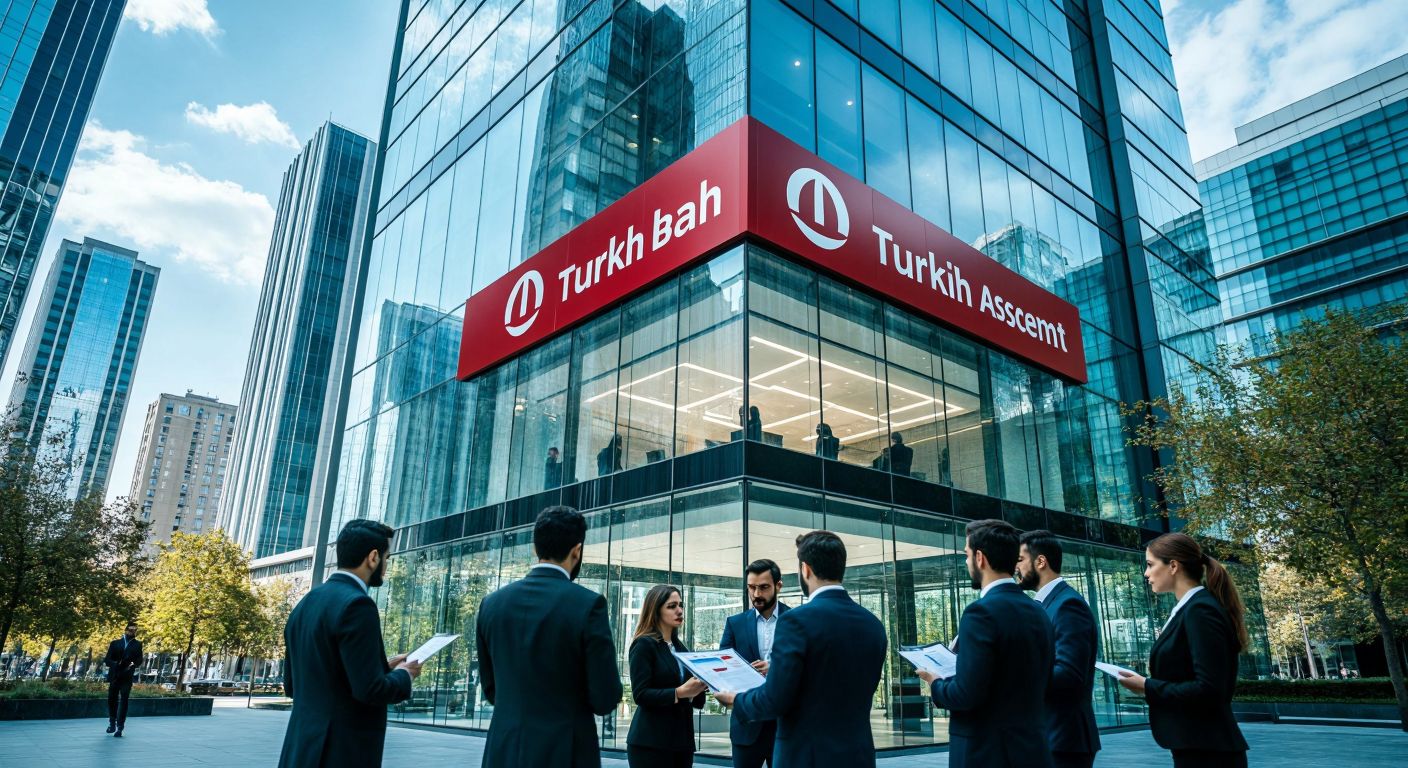 A modern Turkish bank building with a transparent glass facade, symbolizing clarity and openness, while a group of well-dressed professionals inside analyze financial charts with focused expressions, representing risk assessment.