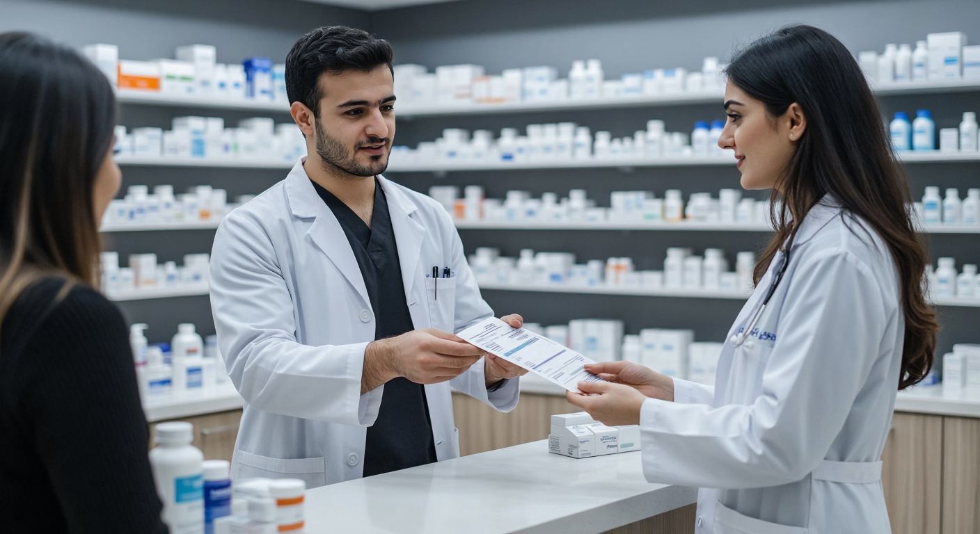 A Turkish pharmacist in a white coat hands a receipt to another pharmacist across a counter in a modern pharmacy, with shelves of medicine in the background and a serious yet professional expression on their faces.