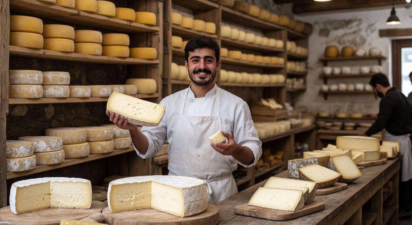A bustling Kars cheese shop with wooden shelves stacked with round wheels of golden kaşar and creamy gravyer, a mustachioed shopkeeper in a white apron proudly holding a wedge of tulum peyniri, and customers sampling slices near a rustic stone counter.