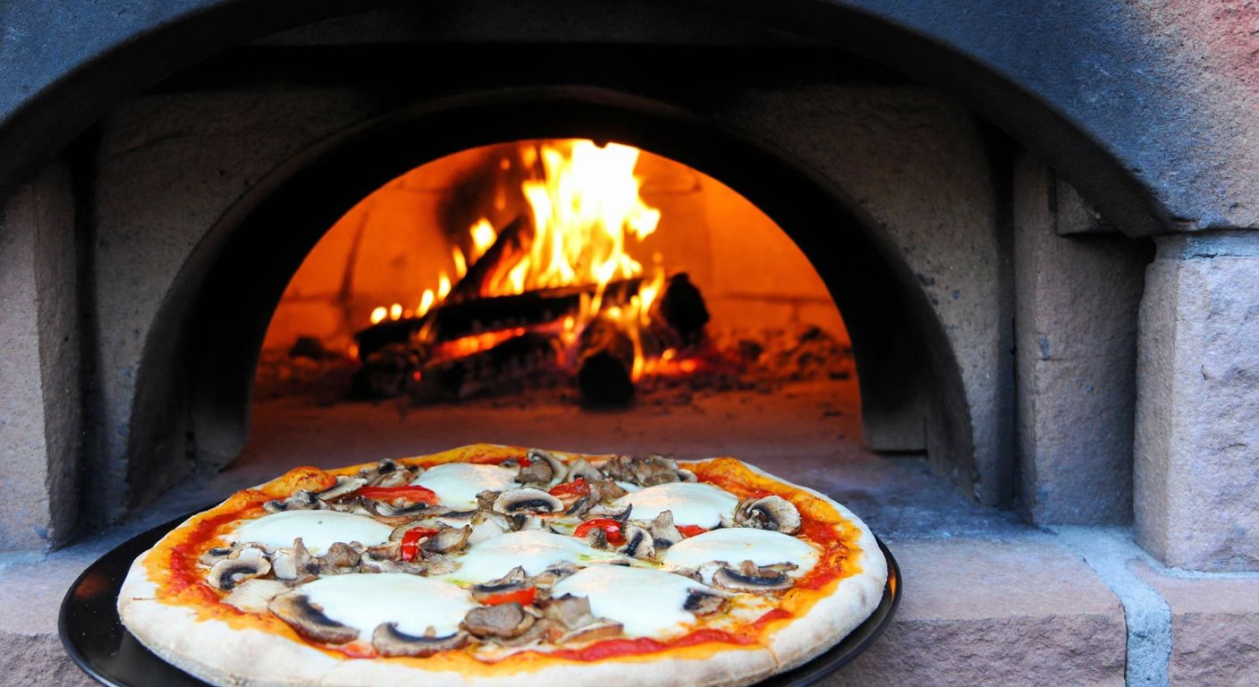 A rustic stone oven with crackling wood fire inside, topped with a bubbling pizza covered in melted mozzarella, fresh mushrooms, and peppers, set against a cozy pizzeria backdrop in Turkey.