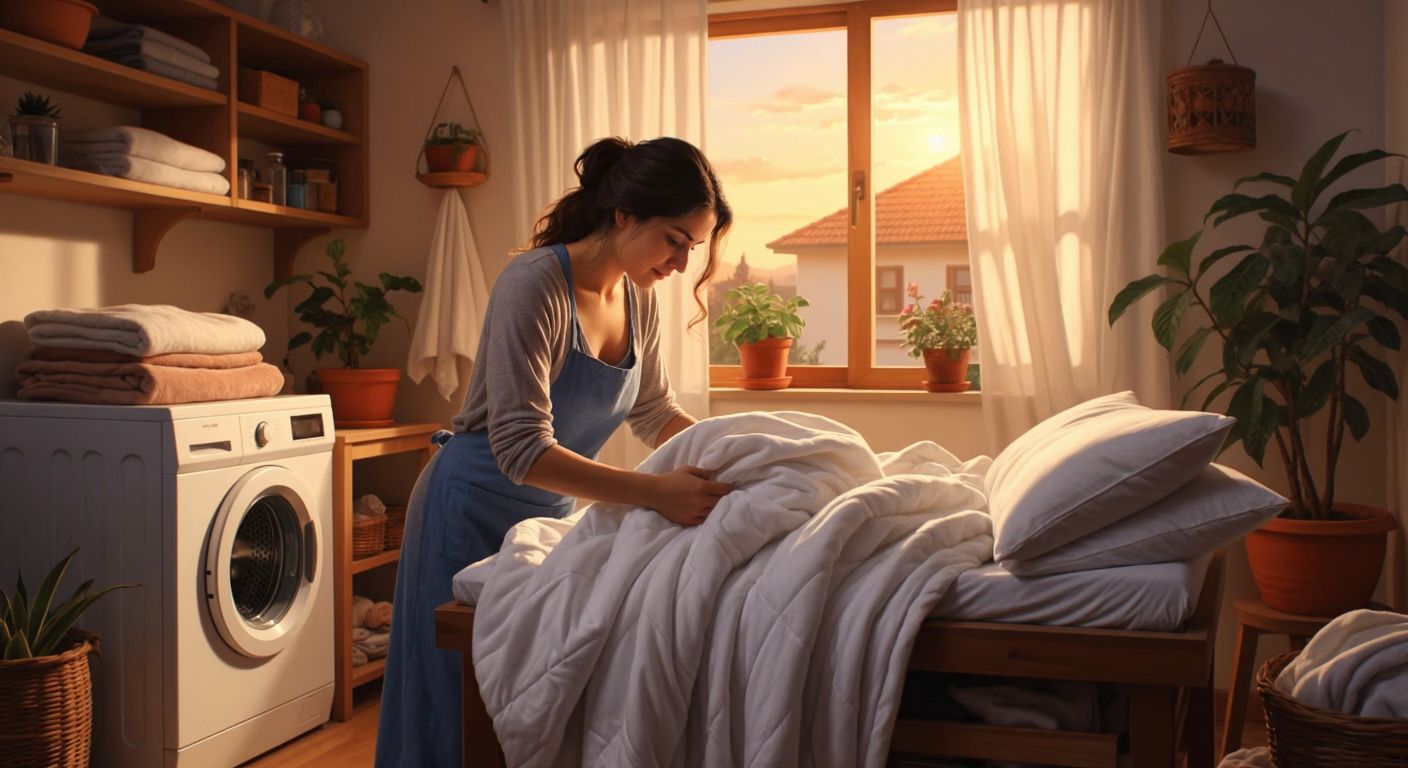 A Turkish woman in a cozy home setting carefully folds freshly washed, fluffy alez covers while a washing machine hums softly in the background.