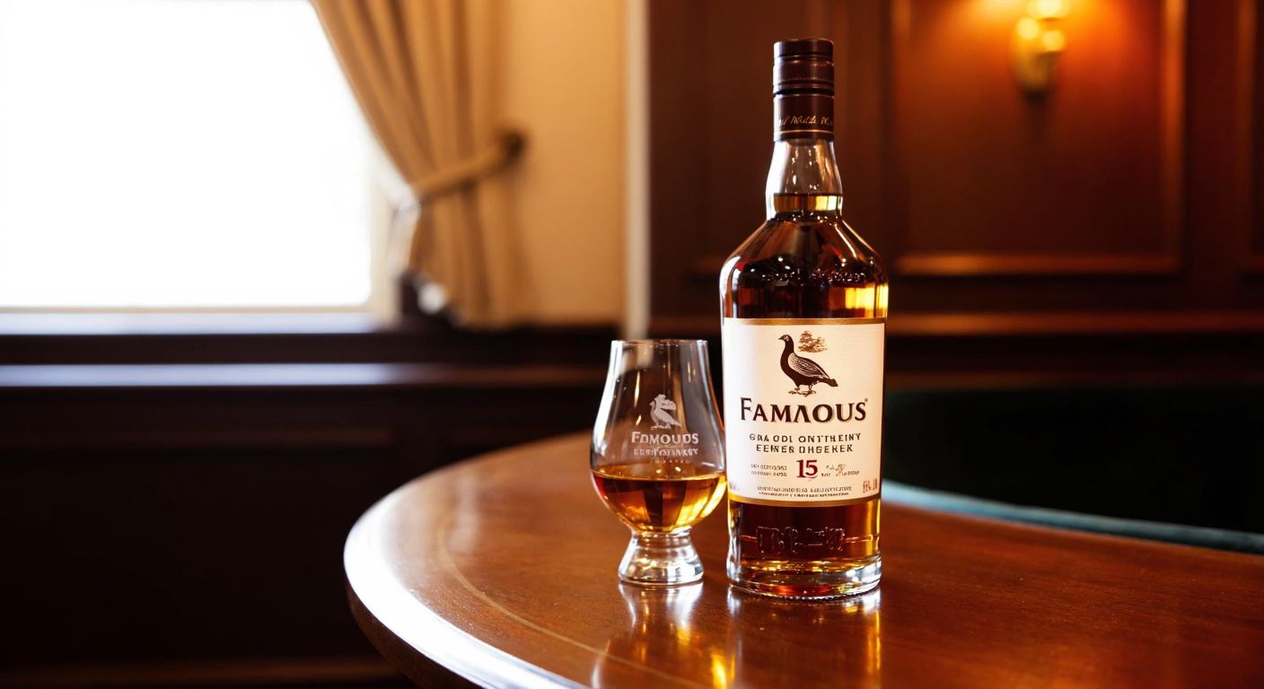 A distinguished bottle of Famous Grouse whisky sits on a polished wooden bar in a warmly lit room, with a subtle logo of The Edrington Group etched into the glass.