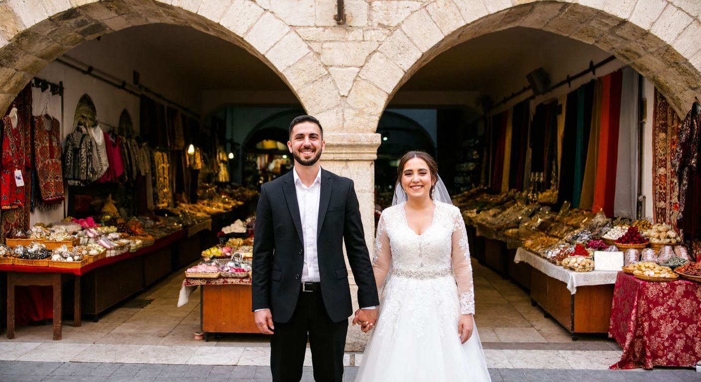 A smiling married couple in traditional Hatay attire stands in front of Antakya’s stone archways, holding hands against a backdrop of vibrant bazaar stalls.