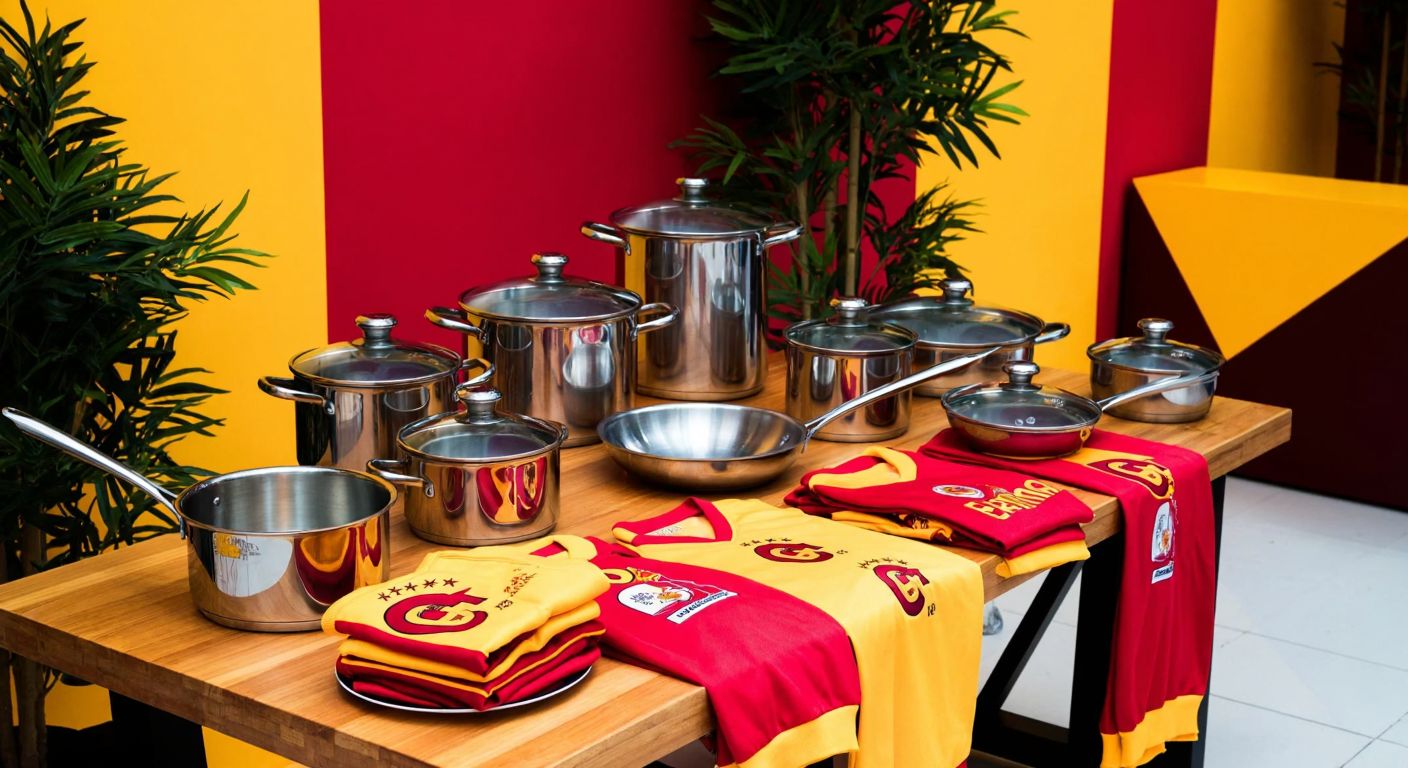 A vibrant display of Galatasaray-branded jerseys and scarves alongside gleaming stainless steel pots and pans, arranged on a wooden table with a red-and-yellow color scheme.