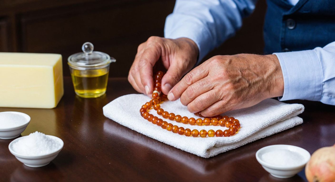 A close-up of an elderly Turkish man’s hands gently polishing amber prayer beads with olive oil on a soft cloth, surrounded by small bowls of baking soda, vinegar, and toothpaste on a wooden table.