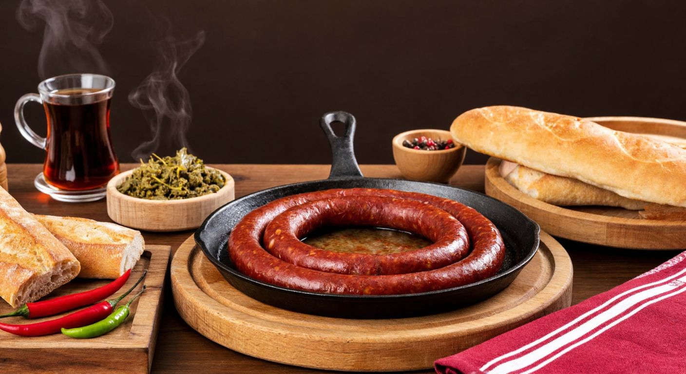 A rustic wooden table in a Turkish kitchen with coiled **Kılınçhan sucuk** from Afyonkarahisar, sizzling on a cast-iron pan, surrounded by fresh bread, peppers, and a steaming cup of çay.