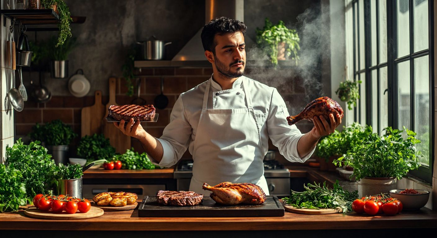 A Turkish chef in a white apron thoughtfully holding a juicy grilled beef steak in one hand and a tender roasted chicken leg in the other, standing in a sunlit kitchen with fresh herbs and vegetables on the counter.