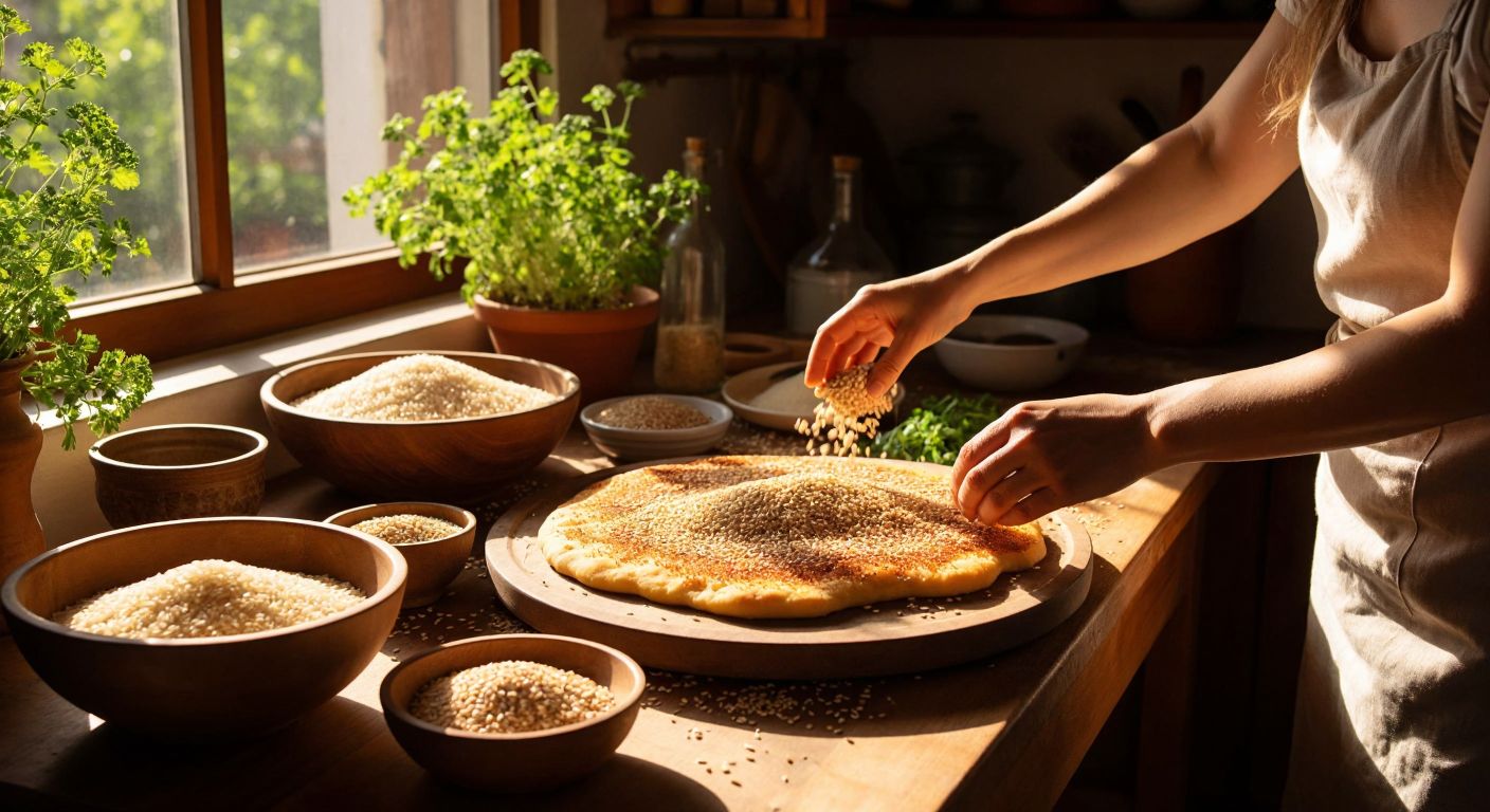 A sunlit Turkish kitchen with a wooden countertop displaying bowls of cooked quinoa, flaxseeds, sesame seeds, and olive oil, while hands knead a golden-brown dough sprinkled with sesame for crispy quinoa chips.