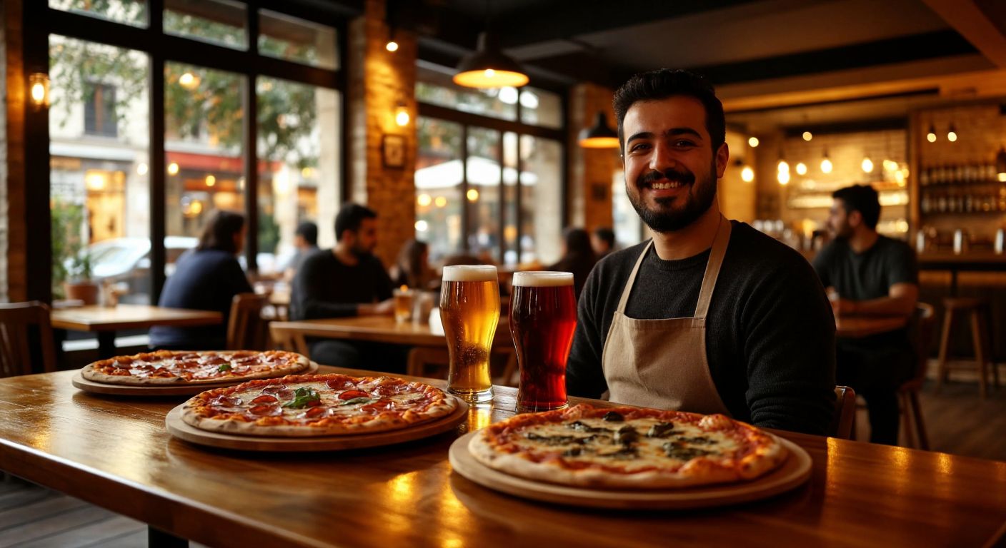 A cozy Turkish pizzeria with warm lighting, wooden tables topped with steaming pizzas, and glasses of frothy beer and red wine, while smiling servers carry trays of drinks.