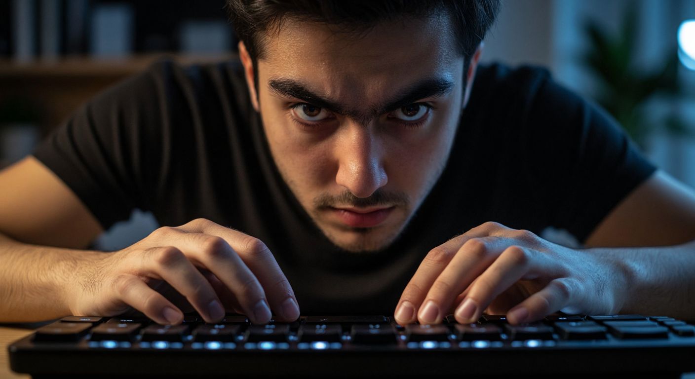 A person with focused eyes and slightly furrowed brows presses the "Alt Gr" and "Q" keys simultaneously on a Turkish QWERTY keyboard, their fingers hovering over the keys in a dimly lit home office.