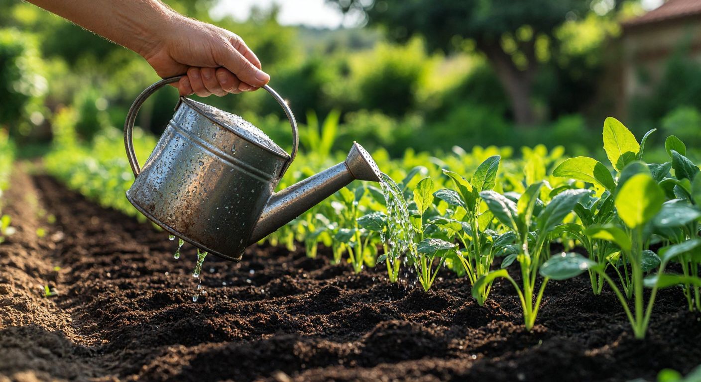 A sturdy iron watering can glistening with water droplets, held by a hand over a lush 3x3 grid of fertile soil in a sunlit Turkish garden, with vibrant green plants sprouting.