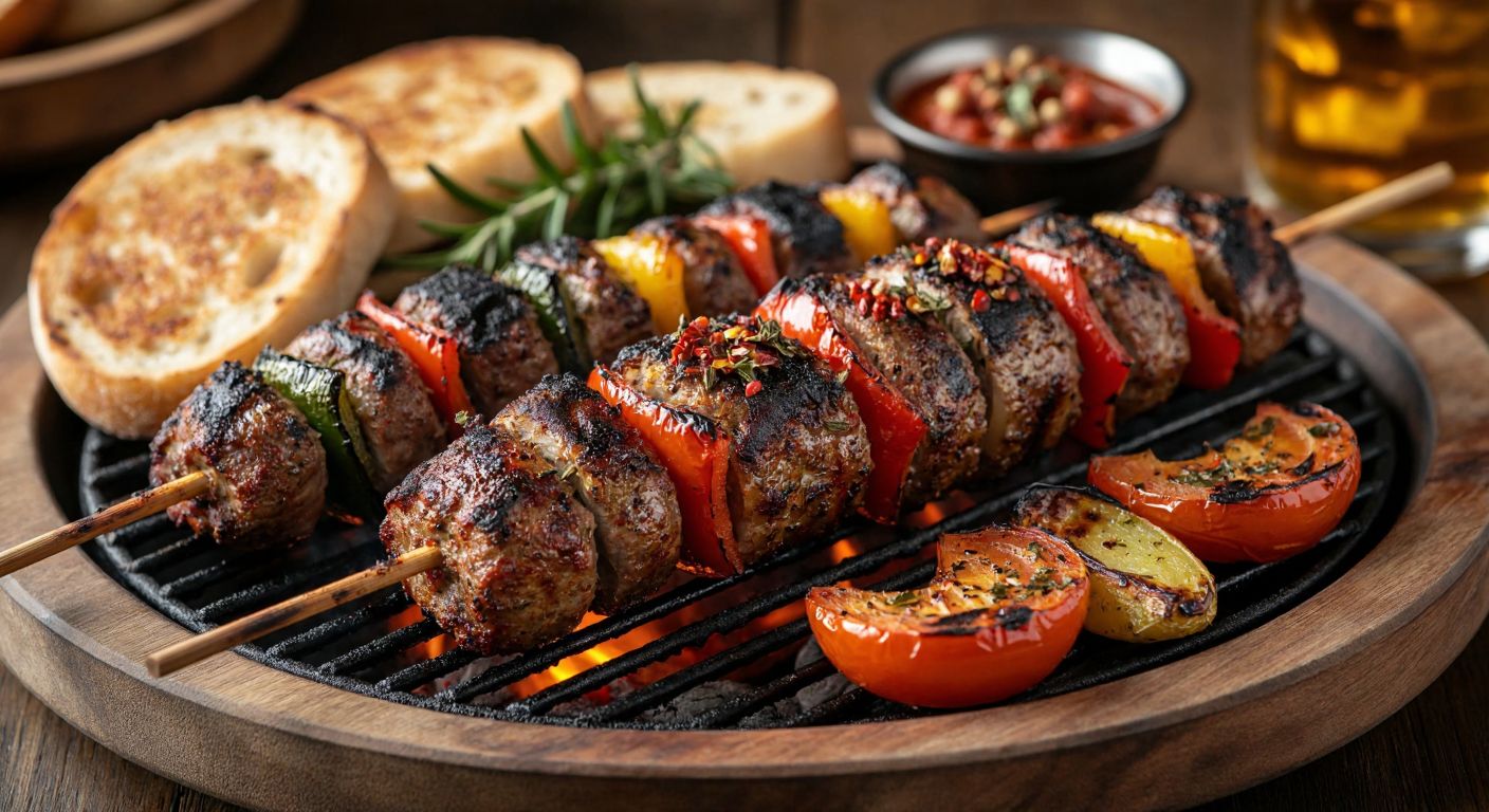 A sizzling skewer of **dört köşe kokoreç** grilling over glowing charcoal, richly coated in spices like red pepper flakes and thyme, served alongside roasted vegetables and fresh bread on a rustic wooden plate.