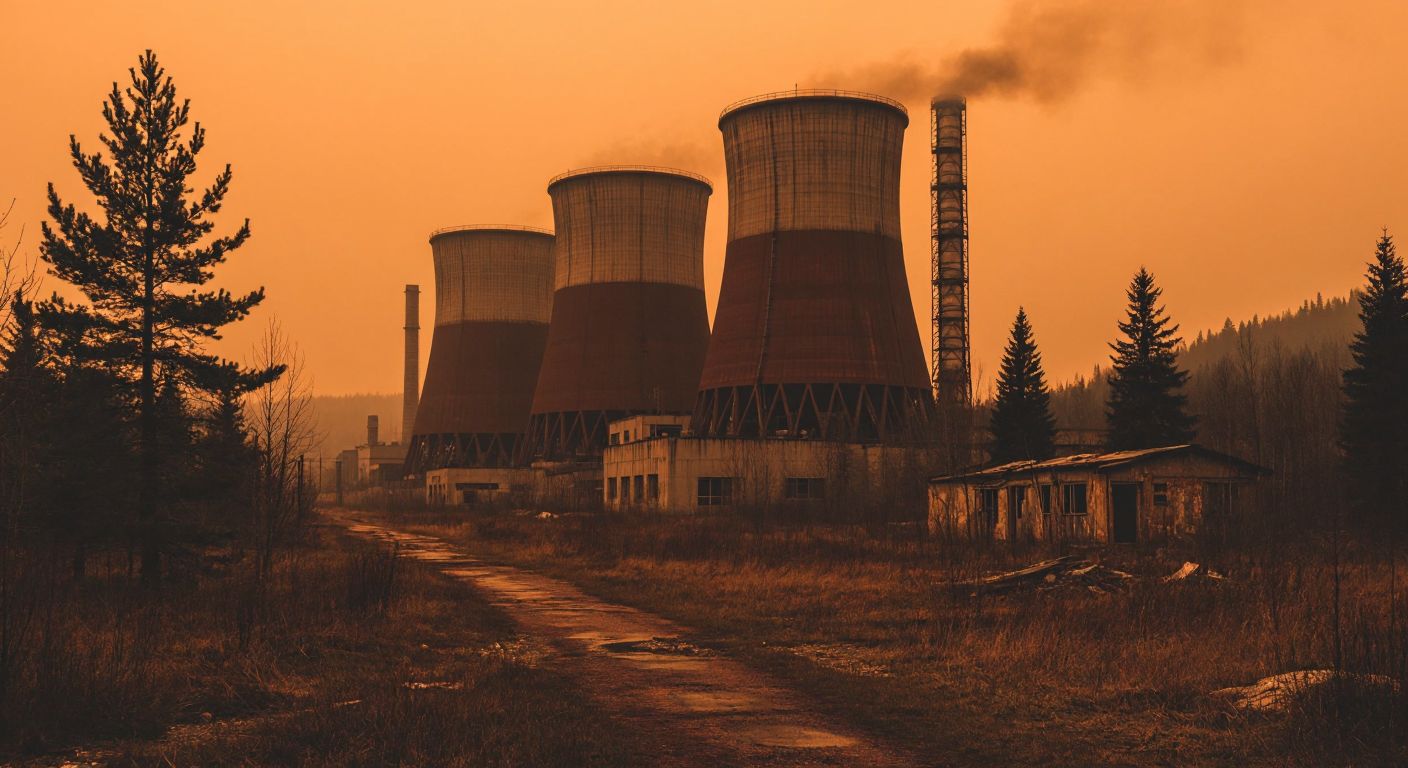 A desolate, abandoned nuclear power plant with rusted metal structures under a hazy orange sky, surrounded by dead red pine trees and crumbling buildings, evoking eerie silence and lingering danger.