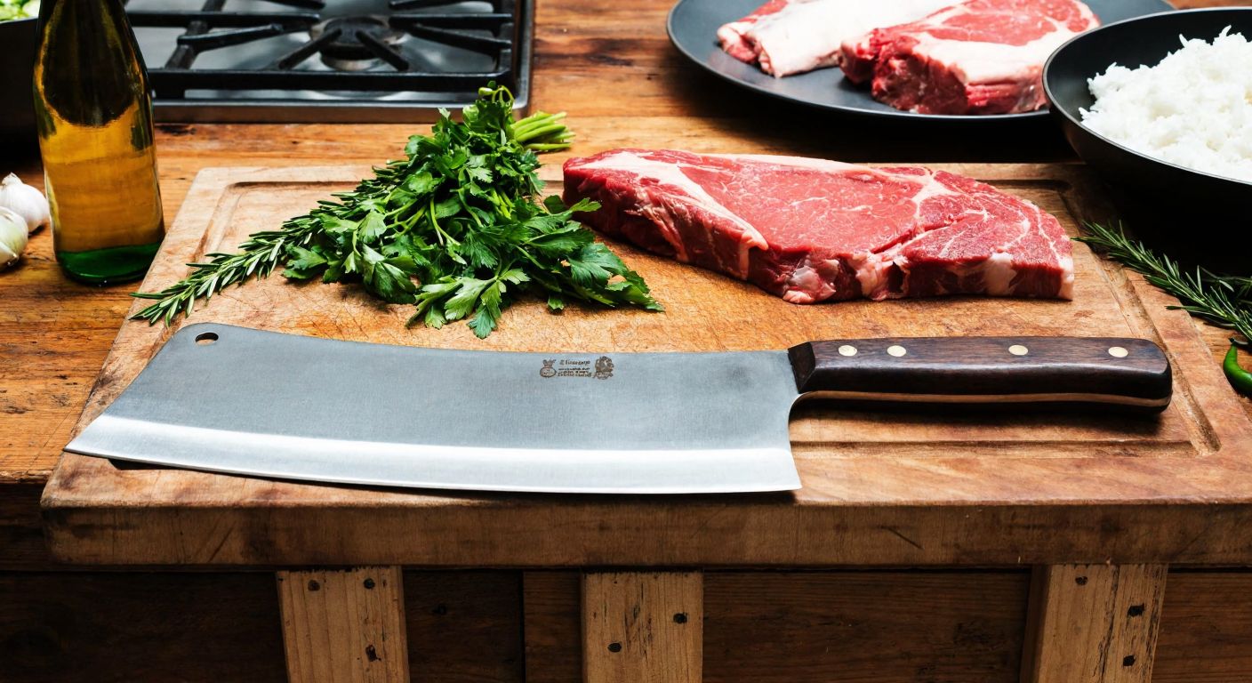 A rustic wooden table in a Turkish kitchen holds two distinct knives—one large, rectangular cleaver for splitting bones and another slender, sharp blade for slicing meat—with fresh herbs and raw meat nearby.