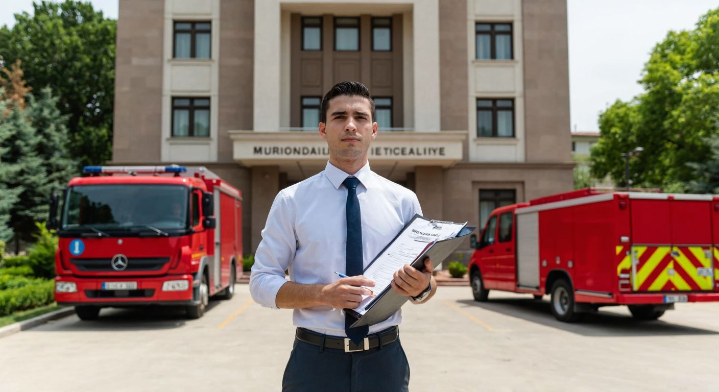 A determined young man in a neat shirt and trousers stands in front of the Bursa Metropolitan Municipality building, holding a folder of documents and a filled-out application form, with a red fire truck parked nearby.