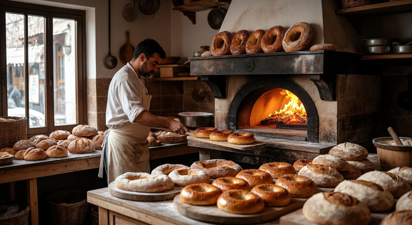 A warm, rustic bakery in Bursa with a wood-fired oven glowing orange, a baker in a flour-dusted apron pulling out golden simit on a long wooden paddle, surrounded by the rich aroma of freshly baked bread and the bustling energy of a historic Turkish neighborhood.