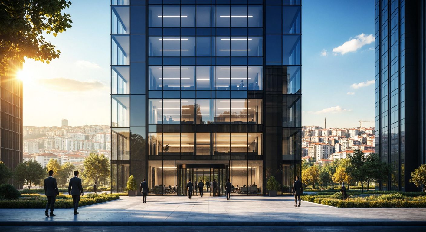 A modern glass-fronted office building with nine distinct floors, set against a sunny urban skyline in Turkey, with people in business attire entering and exiting.