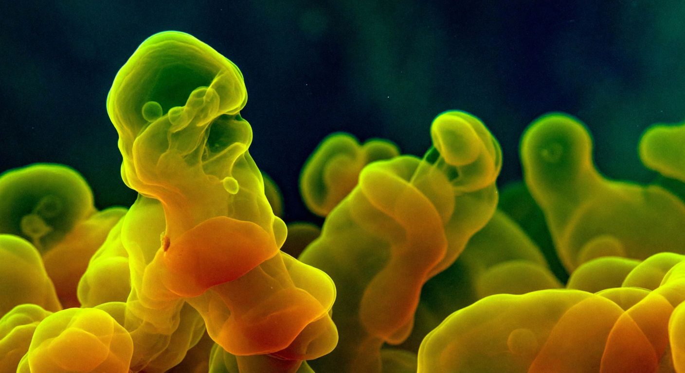 A microscopic view of vibrant sulfur bacteria thriving in a dark, mineral-rich underwater vent, with swirling yellow and orange hues representing their chemical energy production.