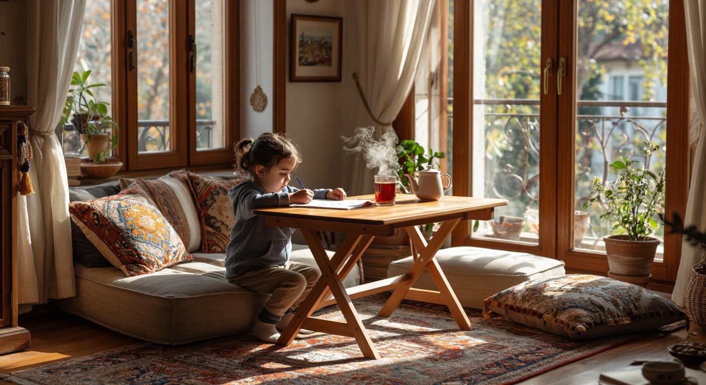 A compact wooden folding table in a cozy Turkish home, surrounded by cushions and a steaming cup of çay, with a child using it for homework while an adult folds it away to save space.