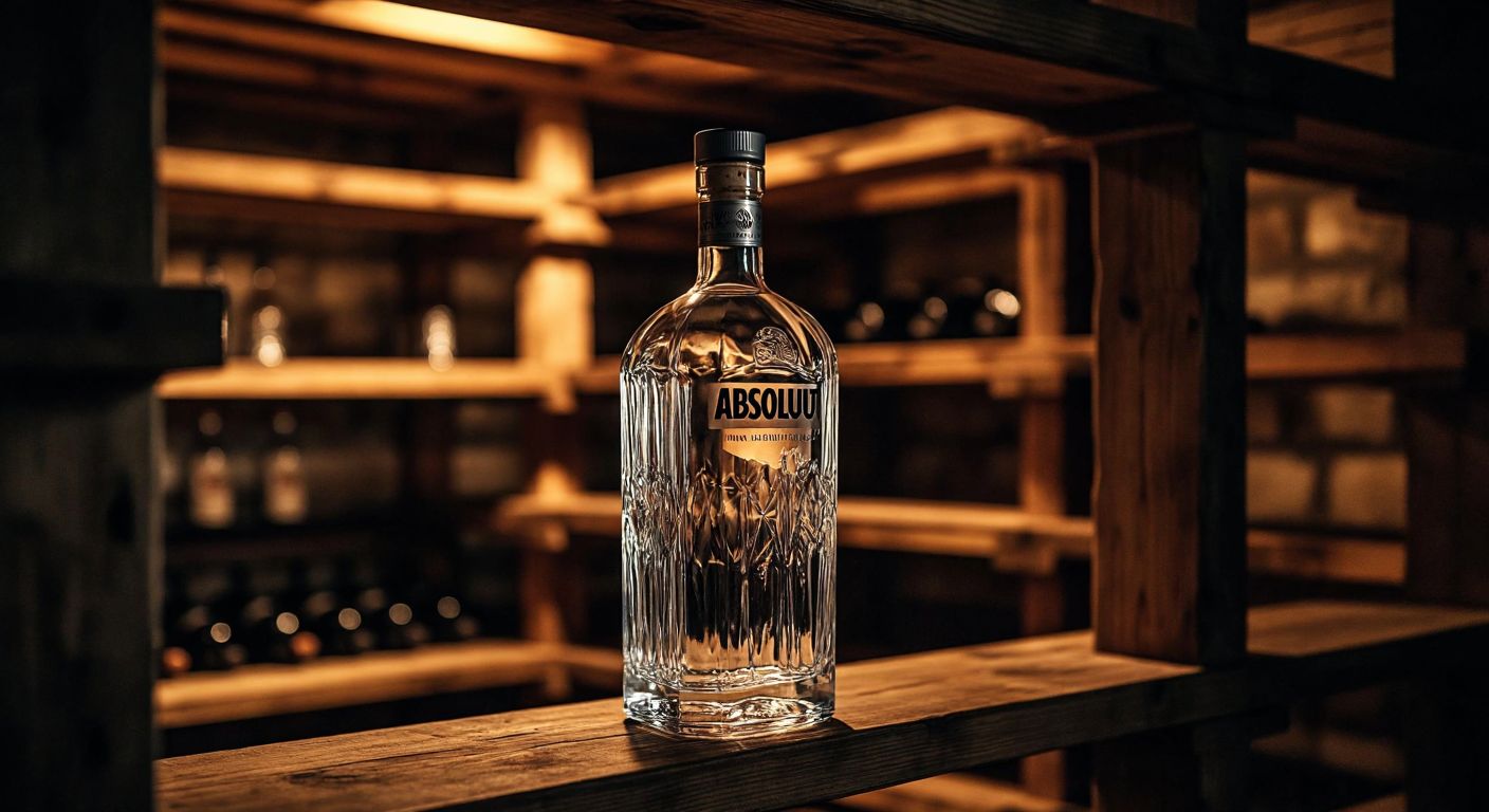 A clear glass bottle of Absolut vodka sits on a wooden shelf in a dimly lit, cool cellar, its contents still pristine despite a slightly loosened cap, with a faint golden glow reflecting off the glass.