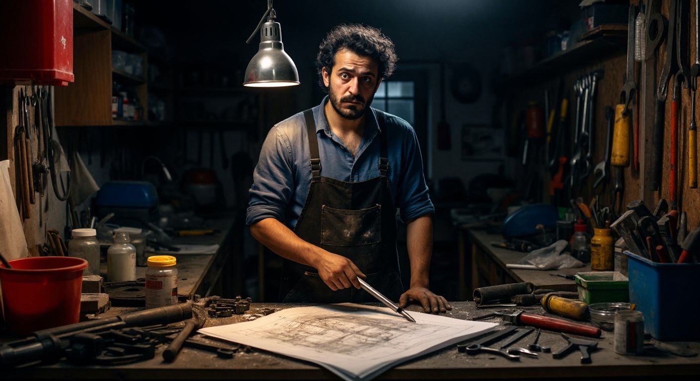 A Turkish mechanic in a dimly lit workshop holds a metal pipe and a measuring tape, looking puzzled while surrounded by scattered tools and a dusty blueprint.