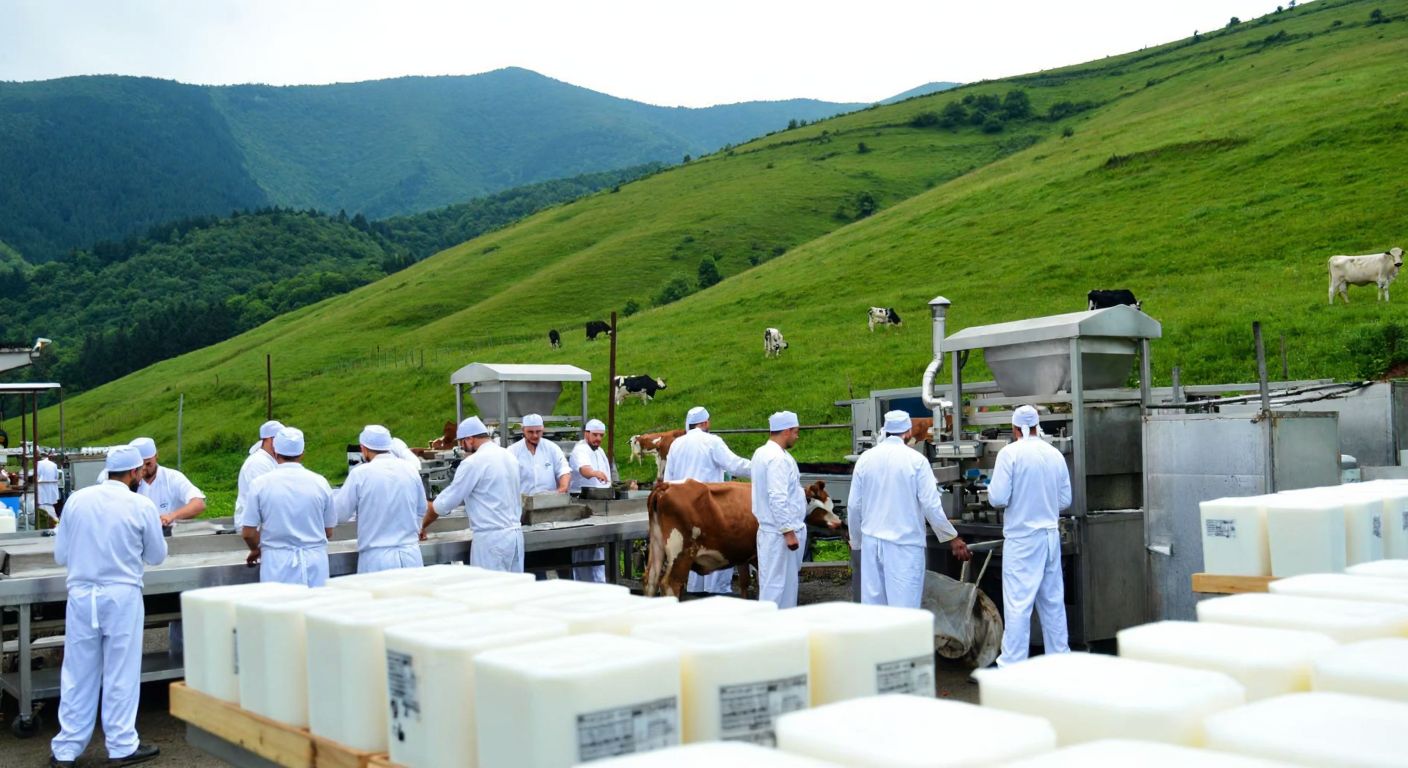 A bustling dairy factory in Giresun with workers in white uniforms packaging fresh milk, surrounded by green hills and cows grazing nearby.