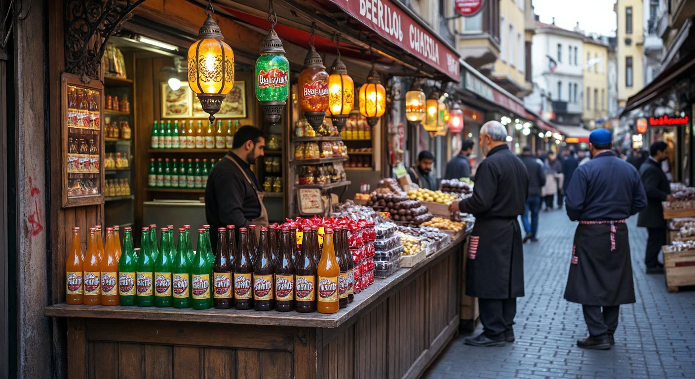 A vibrant Turkish street scene with a colorful display of **Beyoğlu Gazozu** bottles and **Beyoğlu Çikolatası** bars on a wooden stall, surrounded by smiling vendors in traditional aprons under the warm glow of a market lantern.