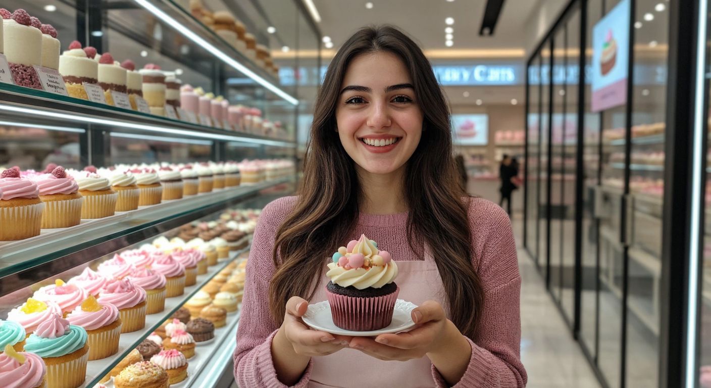 A cheerful Turkish woman in a modern Istanbul shopping mall holds a colorful Magnolia Bakery cupcake with a bite taken out, surrounded by the bakery's pastel-colored desserts in a glass display case.