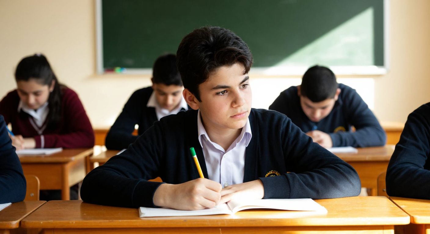 A focused Turkish middle-school student with dark hair and a school uniform writes thoughtfully in a notebook during an exam, surrounded by classmates in a sunlit classroom with wooden desks and a chalkboard in the background.