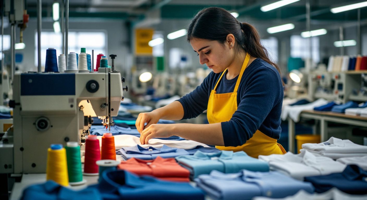 A focused Turkish textile worker in a bustling garment factory carefully adjusts a buttonhole machine, threading colorful spools while neatly arranged shirts await finishing touches under warm workshop lighting.