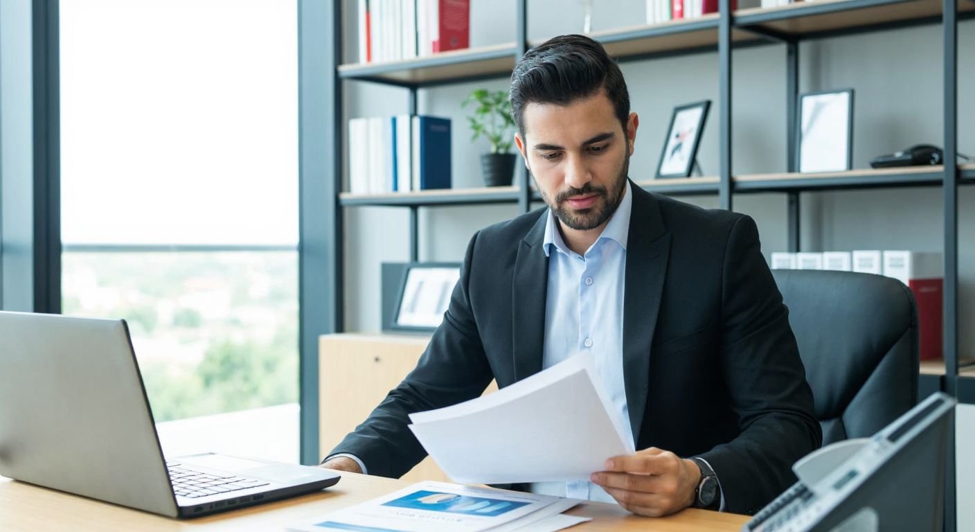 A confident, well-dressed Turkish professional in a modern bank office, reviewing documents with a focused expression, surrounded by shelves of financial books and a laptop, symbolizing career growth in banking.
