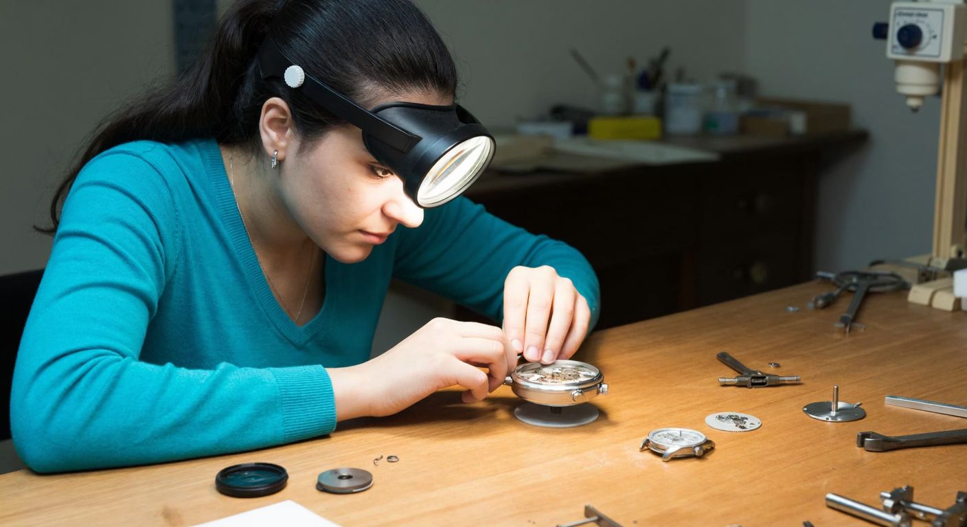 A young Turkish woman in a modest workshop, wearing a magnifying headset, carefully adjusting the delicate gears of a wristwatch laid out on a wooden table with scattered tools and watch parts.