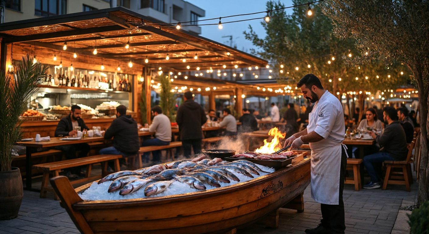 A bustling seafood restaurant in Esenyurt with a wooden boat display outside, filled with fresh fish on ice, and a mustachioed chef in a white apron grilling fish over an open flame, surrounded by happy customers at wooden tables under string lights.