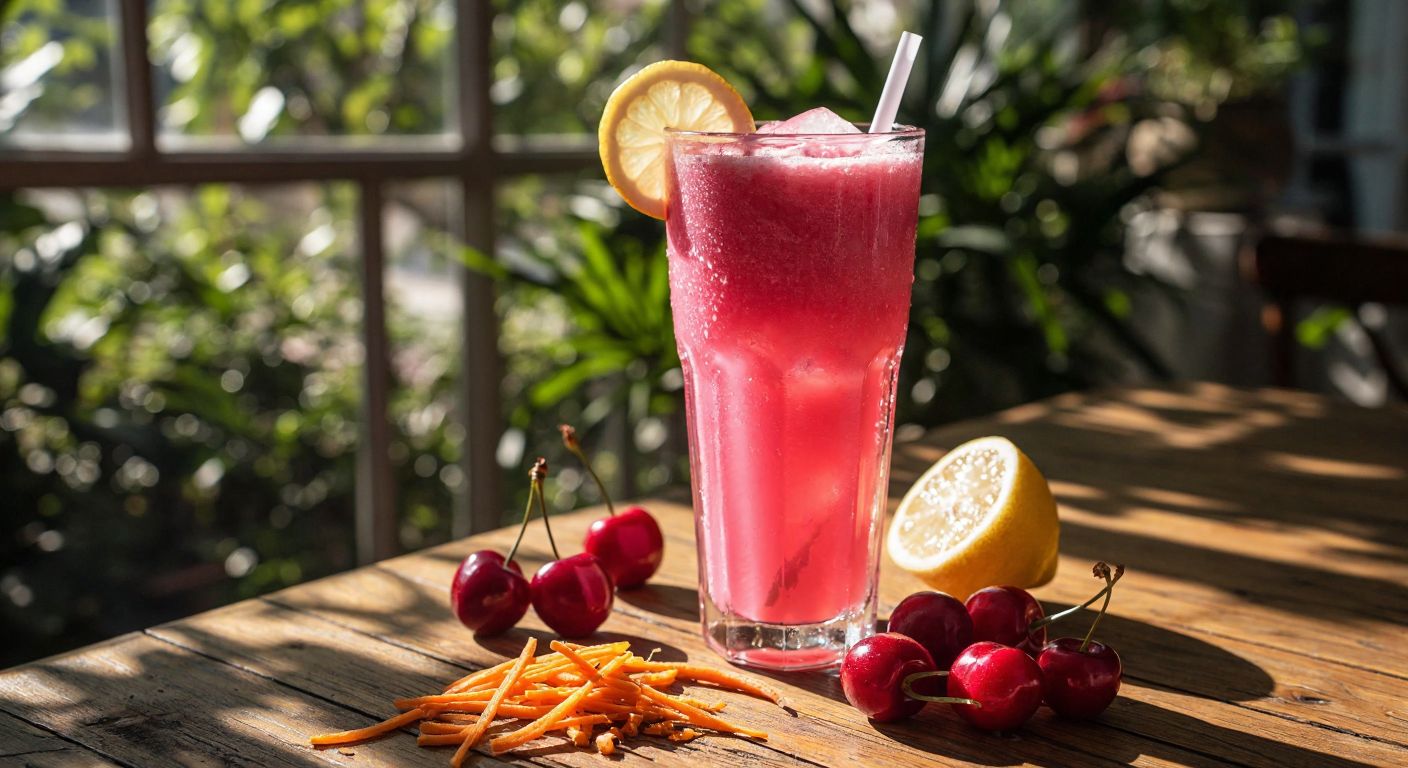 A tall, frosty glass of pink Fanta on a sunlit wooden table, surrounded by fresh cherries, a sliced lemon, and a small pile of grated sweet potatoes and carrots, evoking the drink's ingredients.