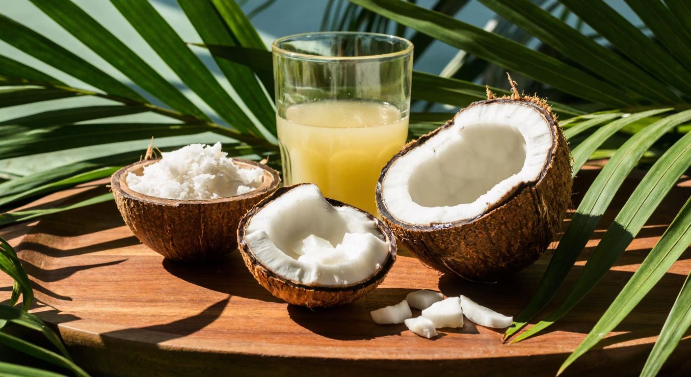 A sunlit wooden table holds a split coconut with fresh white flesh, a bowl of shredded coconut, a glass of coconut water, and a jar of golden coconut oil, surrounded by tropical leaves.