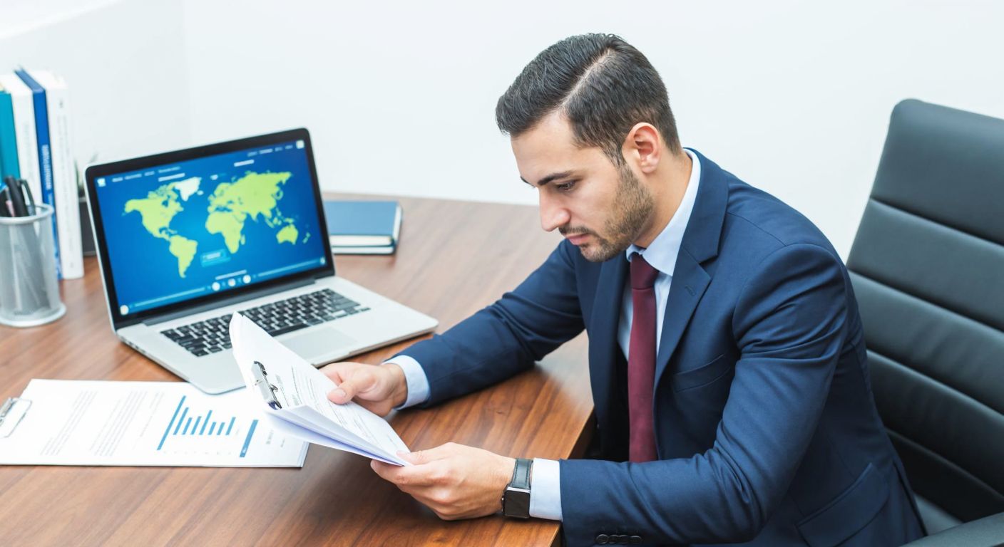 A Turkish businessperson in a formal suit sits at a wooden desk in a modern office, reviewing documents with a focused expression, while a laptop displays a corporate website with a globe icon in the background.