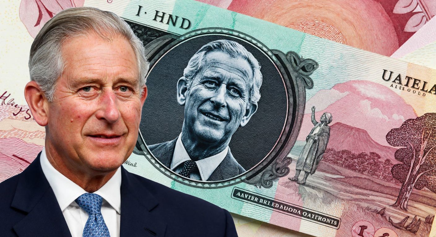 A dignified portrait of King Charles III on a crisp, newly printed British banknote, contrasted with an Australian banknote featuring Indigenous artwork and landscapes.