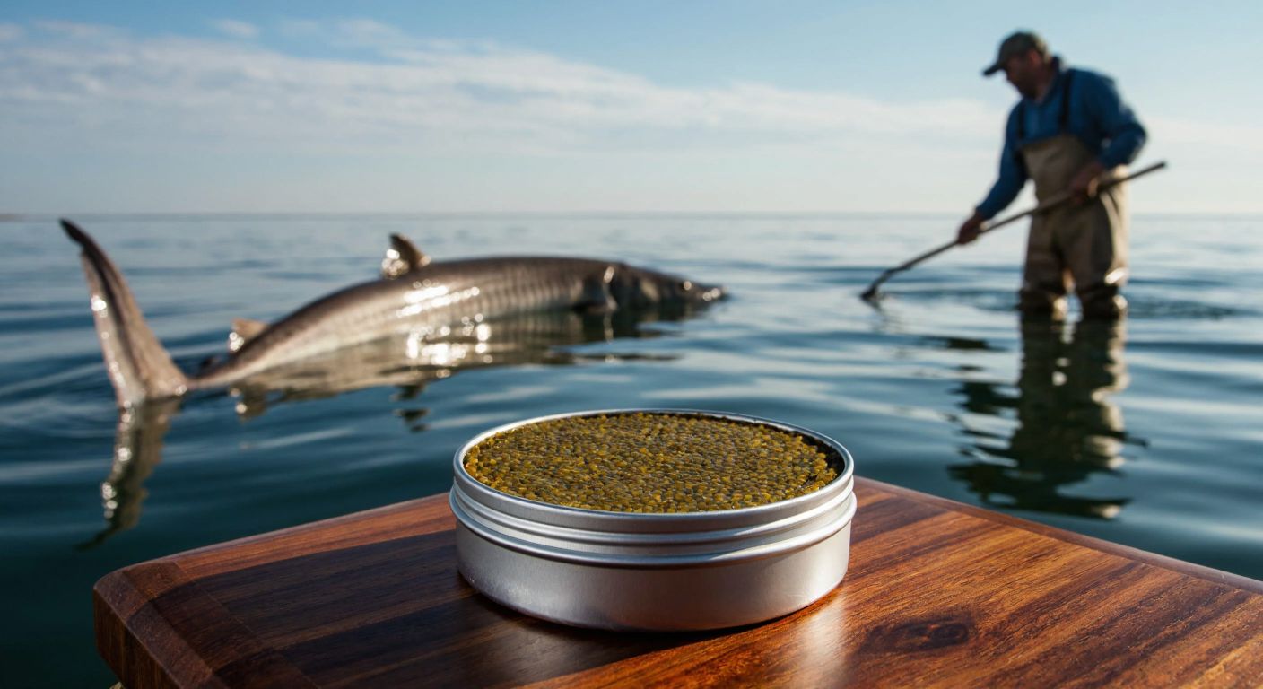 A shimmering silver tin of Beluga caviar sits on a polished wooden table beside a tranquil Caspian Sea, with a fisherman in traditional waders carefully handling a large sturgeon in the background.