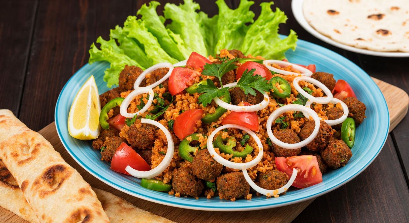 A vibrant plate of Oses' çiğ köfte, featuring finely kneaded bulgur mixed with fresh tomatoes, onions, and green peppers, garnished with parsley and lemon wedges, served on a rustic wooden table with a side of crisp lettuce leaves and warm lavaş bread.