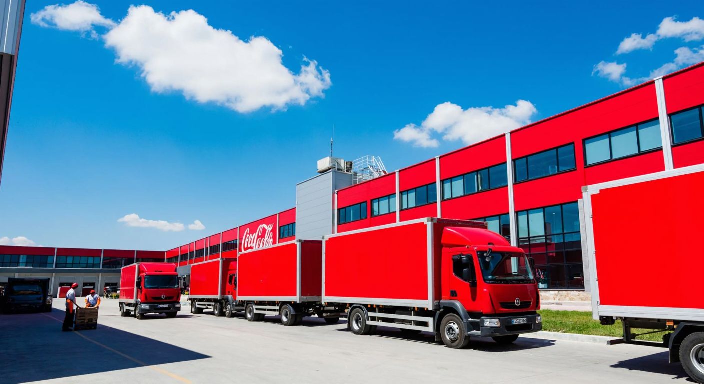 A modern Coca-Cola factory under a bright blue sky in Turkey, with red delivery trucks parked outside and workers in uniforms moving crates of bottles.
