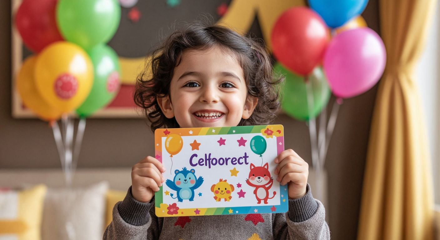 A cheerful Turkish child with a bright smile holds up a colorful report card decorated with playful stickers featuring stars, balloons, and cartoon animals.