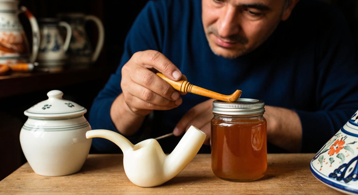 A craftsman in Eskişehir carefully carving a delicate meerschaum pipe, with a jar of honey placed nearby on a wooden table, surrounded by traditional Turkish pottery.