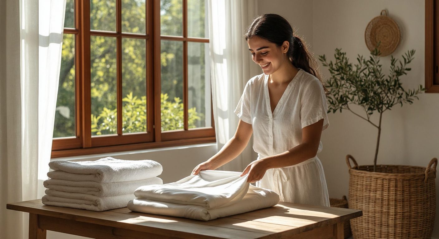 A Turkish woman with a warm smile neatly folding a crisp white bedsheet on a wooden table in a sunlit room, with a stack of folded linens beside her and a woven storage basket nearby.