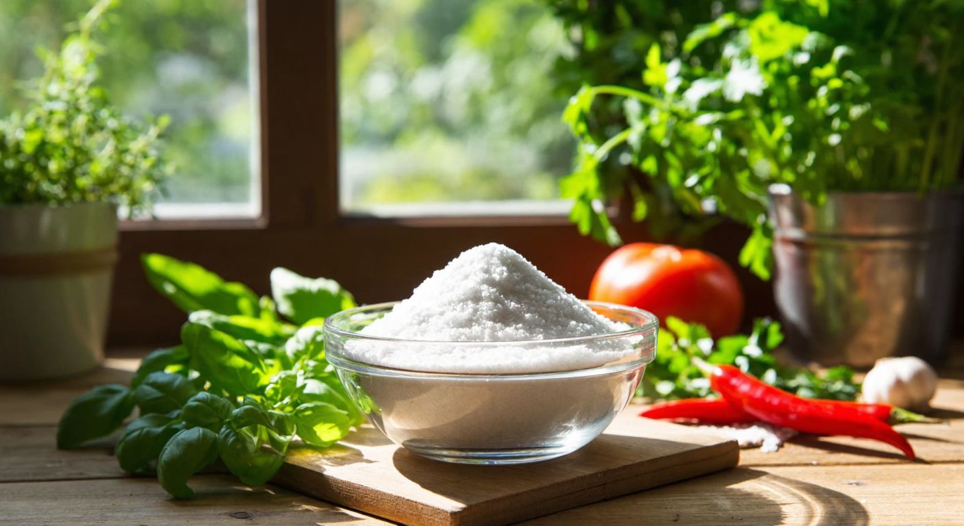 A clear glass bowl filled with white crystalline E622 powder resting on a wooden table in a sunlit Turkish kitchen, with fresh herbs and vegetables nearby.