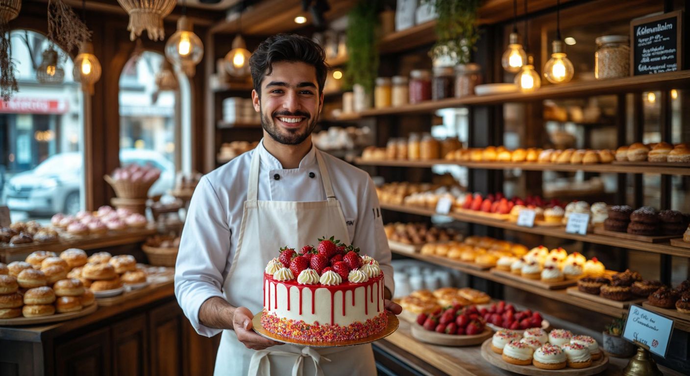 A cheerful baker in a white apron presents a beautifully decorated cake with colorful frosting and fresh strawberries in a cozy Karaman pastry shop, surrounded by shelves of assorted pastries and warm golden lighting.